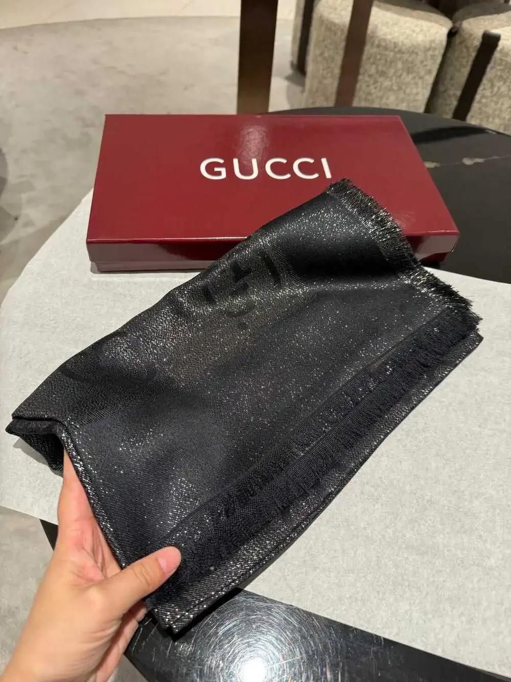 GUCCI Metallic Black GG Monogram Scarf